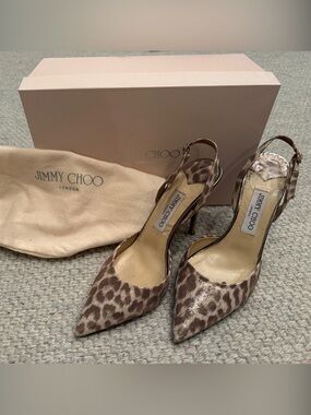 Jimmy Choo Leopard Shimmer Leather Light Gold Heels, 39, 9, Slingback